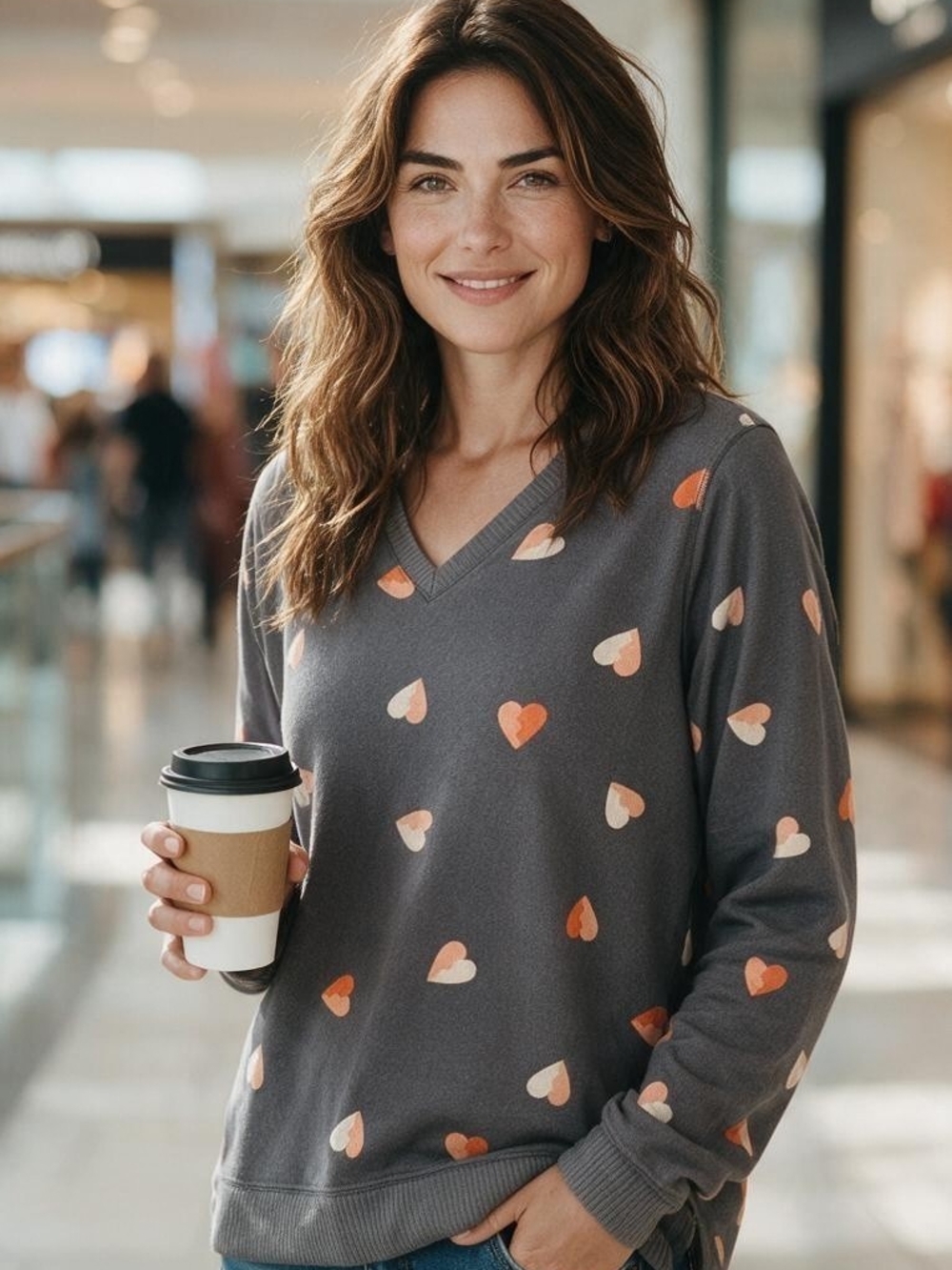 Lucky Brand Charcoal V-Neck Sweater with Peach and Light Pink Hearts - Picture 1 of 7